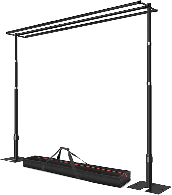 8.9x10ft Pipe and Drape Backdrop Stand, Three Crossbar, Heavy Duty Adjustable Background Frame with Metal Base for Parties Photography Wedding Photoshoot Decoration - Black