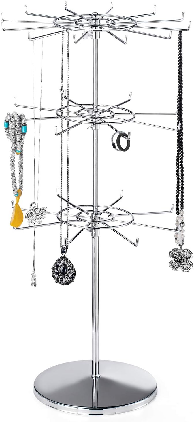 Polmart 3-Tier Spinning Display Stand ，Heavy Duty Adjustable Countertop Stand for Retail, Jewelry, Cosmetics, Crafts ，Sturdy Metal Base 360° Rotating Tiers with Height Adjustable (Silvery)