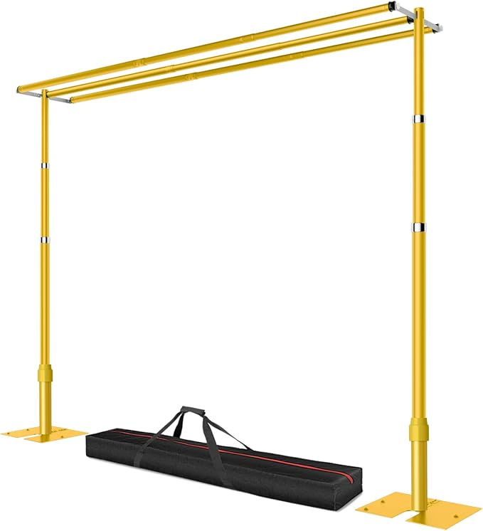 10x10ft Pipe and Drape Backdrop Stand, Three Crossbar, Heavy Duty Adjustable Background Frame with Metal Base for Parties Photography Wedding Photoshoot Decoration - Gold