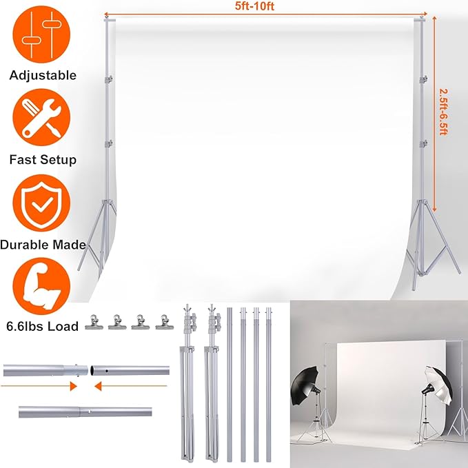 6.5 x 10ft Adjustable Backdrop Stand Kit,Heavy-Duty Photography Background Support System with Clamps & Carry Bag,Photo Video Studio Backdrop Stand for Parties,Weddings,Green Screen & Banner Display