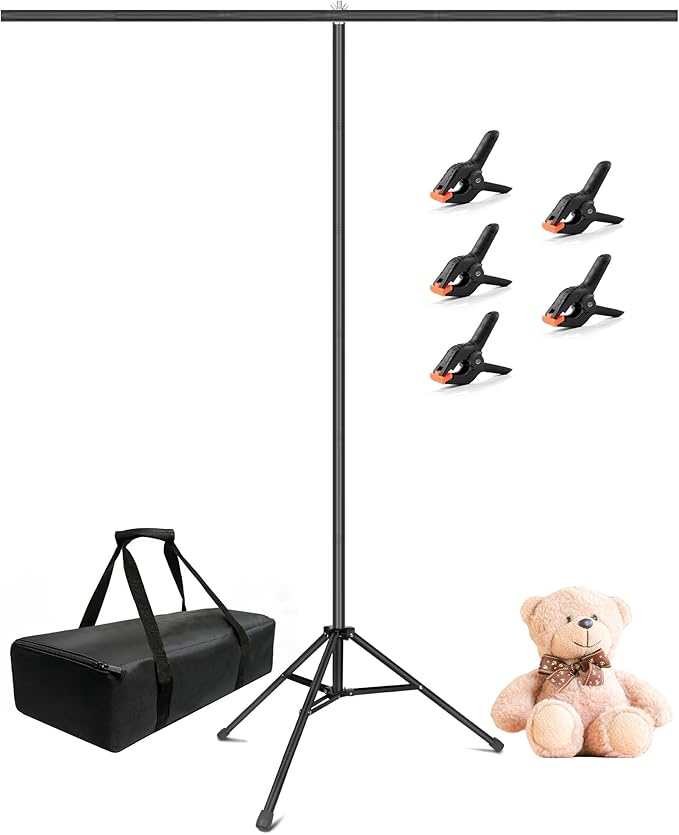 Hemmotop 7x5ft (HxW) T-Shape Photo Backdrop Stand, Portable Green Screen Stand Only with 5 Clip Clamps and Carry Bag, Adjustable Background Support Kit for Birthday, Baby Shower, Parties, Photoshoots