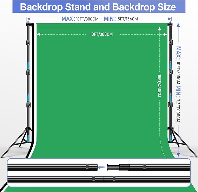 EMART 10x10ft Backdrop Stand Heavy Duty, Adjustable Photography Background Support System with 10x15ft Polyester Backdrop(Black/White/Green) for Photography Studio, Parties, Wedding, Video Shooting