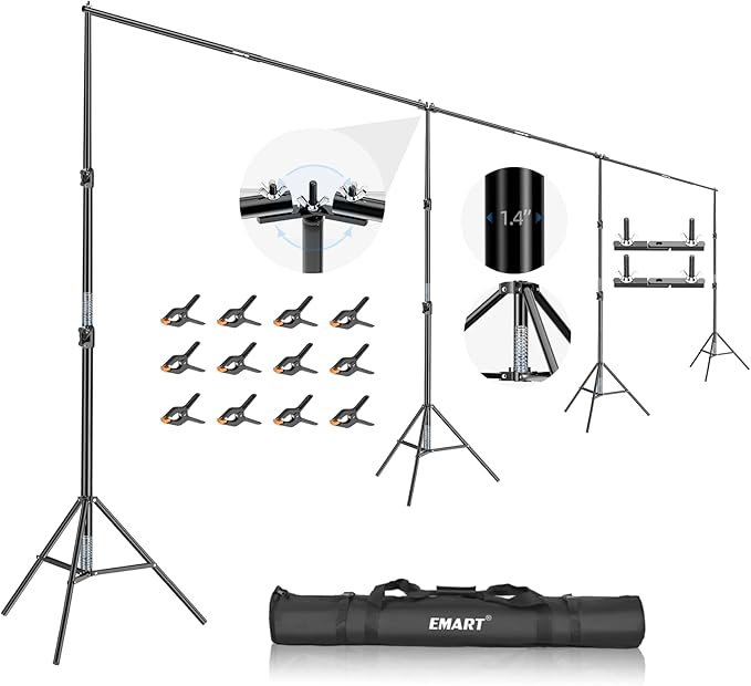 EMART Back Drop Adjustable Stand,30X10ft Backdrop Stand Heavy Duty Photography Background Support System Kit with 300° Angle Rotatable Connector and 12 Spring Clamps for Parties,Wedding,Photo Studio