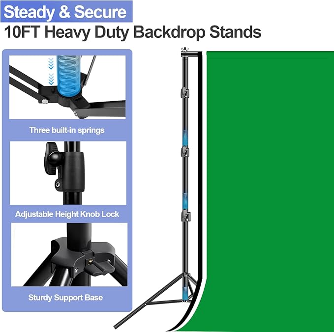 EMART 10x10ft Backdrop Stand Heavy Duty, Adjustable Photography Background Support System with 10x15ft Polyester Backdrop(Black/White/Green) for Photography Studio, Parties, Wedding, Video Shooting