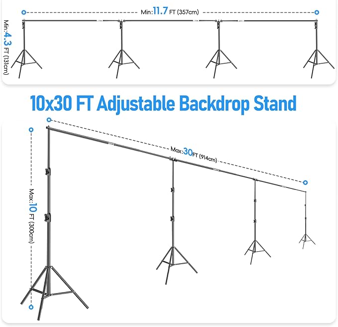 EMART Back Drop Adjustable Stand,30X10ft Backdrop Stand Heavy Duty Photography Background Support System Kit with 300° Angle Rotatable Connector and 12 Spring Clamps for Parties,Wedding,Photo Studio