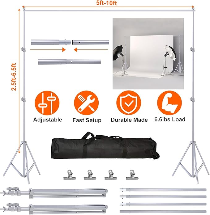 6.5 x 10ft Adjustable Backdrop Stand Kit,Heavy-Duty Photography Background Support System with Clamps & Carry Bag,Photo Video Studio Backdrop Stand for Parties,Weddings,Green Screen & Banner Display
