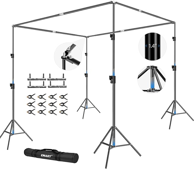 EMART Back Drop Adjustable Stand,10X10X10ft Square Backdrop Stand Heavy Duty Photography Background Support System Kit with 300° Rotatable Connector and 12 Spring Clamp for Party,Wedding,Photo Studio