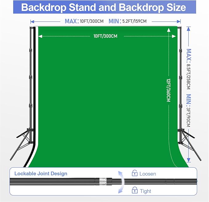 EMART 8.5x10ft Green Screen Backdrop Kit with Sand Bag, Photography Background Support System with 10x12ft Polyester Backdrop(Black/White/Green) for Photography, Parties, Wedding, Video Shooting