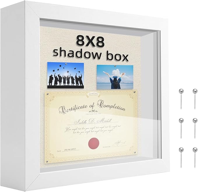 8x8 Shadow Box Frame, 1.2in Deep Keepsake Display Case, Linen Foam Back + 6 Push Pins, Thick Acrylic Front / Protective Film, Wall/Tabletop, for Flowers Tickets Medals Pet Memorial, White