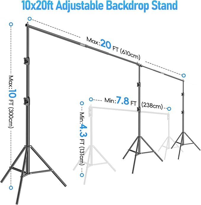 EMART Back Drop Adjustable Stand, 10x20 Backdrop Stand Heavy Duty Photography Background Support System Kit with 300° Angle Rotatable Connector and 8 Spring Clamps for Parties, Wedding, Photo Studio