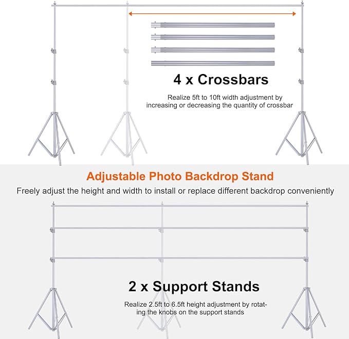 6.5 x 10ft Adjustable Backdrop Stand Kit,Heavy-Duty Photography Background Support System with Clamps & Carry Bag,Photo Video Studio Backdrop Stand for Parties,Weddings,Green Screen & Banner Display