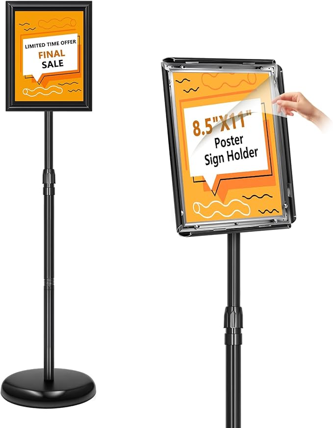 Sign Holder Stand 8.5x11 Inch, Adjustable Sign Stand with 360 Rotated Frame, Floor Standing Sign Holder, Snap-Open Frame Display, Outdoor Indoor Poster Display for advertising, Malls, Black