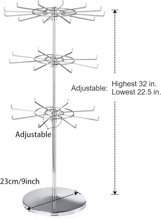 Polmart 3-Tier Spinning Display Stand ，Heavy Duty Adjustable Countertop Stand for Retail, Jewelry, Cosmetics, Crafts ，Sturdy Metal Base 360° Rotating Tiers with Height Adjustable (Silvery)