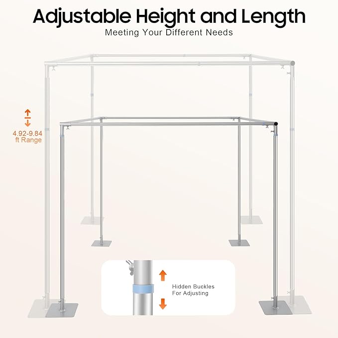 Adjustable Height 4 Post Backdrop Stand Kit, 10ft 4 Post Chuppah Canopy, Telescopic Metal Background Frame Photo Booth with Base Plates for Outdoor Indoor