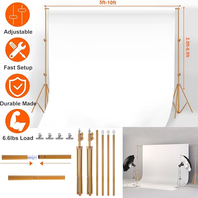 6.5 x 10ft Adjustable Backdrop Stand Kit,Heavy-Duty Photography Background Support System with Clamps & Carry Bag,Photo Video Studio Backdrop Stand for Parties,Weddings,Green Screen & Banner Display