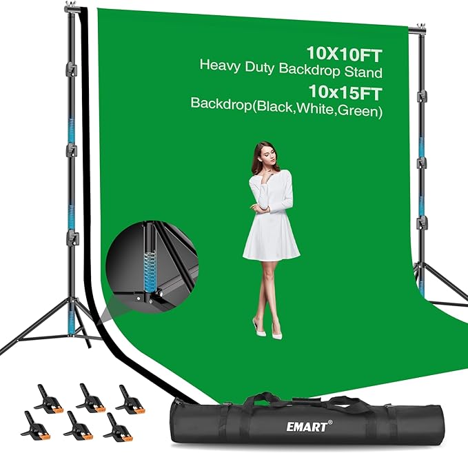 EMART 10x10ft Backdrop Stand Heavy Duty, Adjustable Photography Background Support System with 10x15ft Polyester Backdrop(Black/White/Green) for Photography Studio, Parties, Wedding, Video Shooting