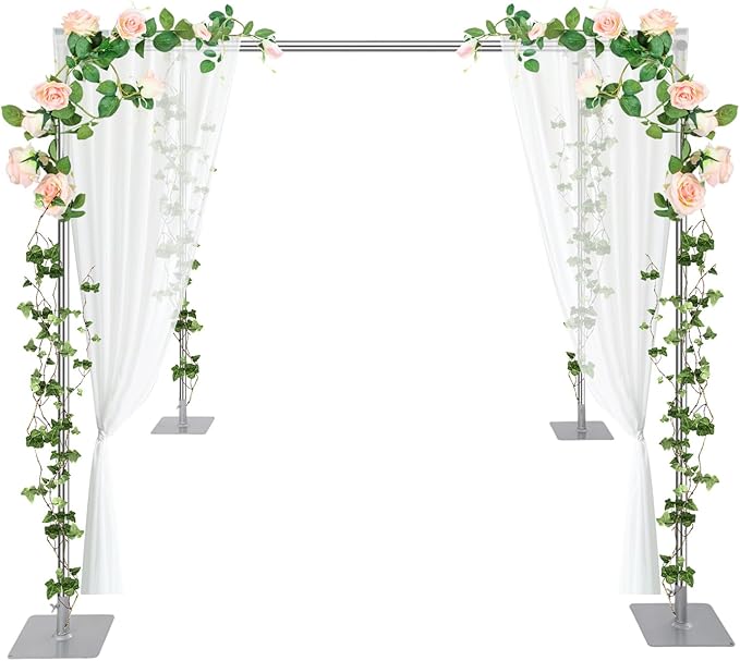 Adjustable Height 4 Post Backdrop Stand Kit, 10ft 4 Post Chuppah Canopy, Telescopic Metal Background Frame Photo Booth with Base Plates for Outdoor Indoor