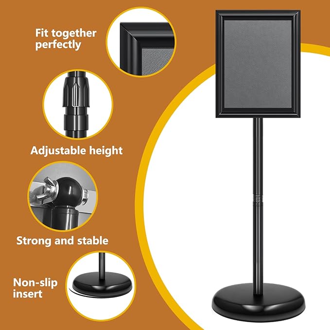 Sign Holder Stand 8.5x11 Inch, Adjustable Sign Stand with 360 Rotated Frame, Floor Standing Sign Holder, Snap-Open Frame Display, Outdoor Indoor Poster Display for advertising, Malls, Black