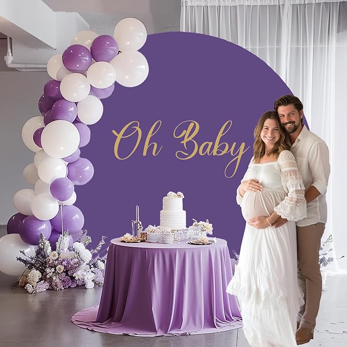 Gallety 2 Pcs 7.2 FT Purple Round Backdrop Cover for 5 to 7.2ft Circle Arch Stand with Oh Baby and Happy Birthday Decal Sign - Arch Backdrop Cover for Wedding Party Photography Decoration