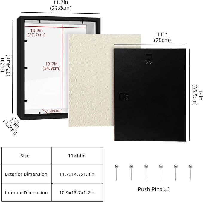 11x14 Shadow Box Frame, 1.2in Deep Keepsake Display Case, Linen Foam Back + 6 Push Pins, Thick Acrylic Front / Protective Film, Wall/Tabletop, for Flowers Tickets Medals Pet Memorial, Black