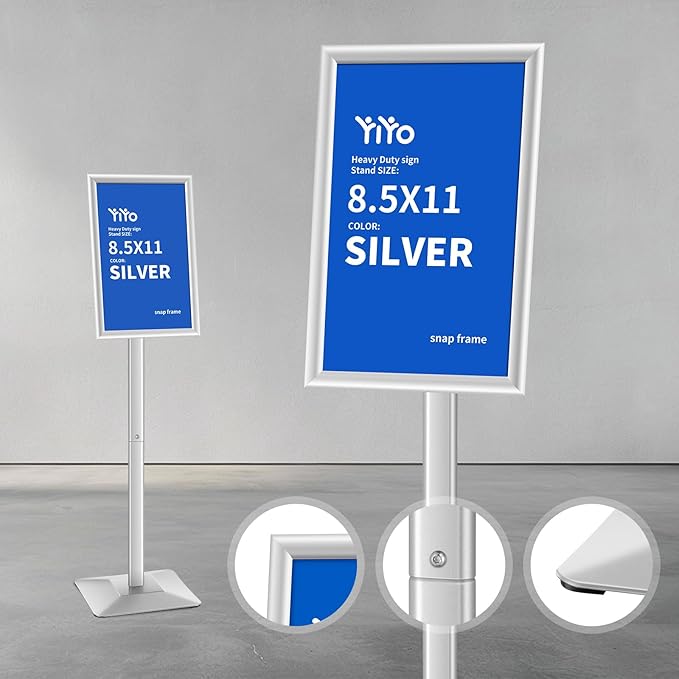 YIYO Sign Stand Poster Stand，adjustable heavy duty pedestal Sign Holder Floor Stand，aluminium frame floor standing for display 8.5*11 inch，Silver (8.5*11 Silver)