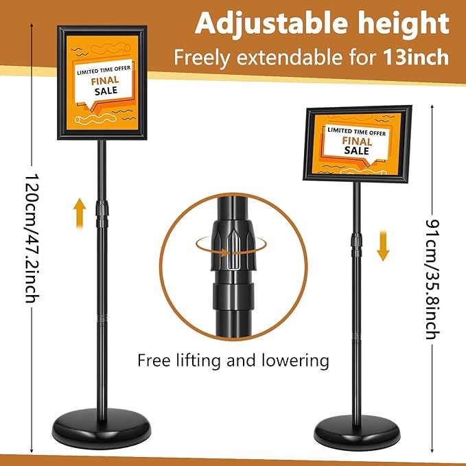 Sign Holder Stand 8.5x11 Inch, Adjustable Sign Stand with 360 Rotated Frame, Floor Standing Sign Holder, Snap-Open Frame Display, Outdoor Indoor Poster Display for advertising, Malls, Black