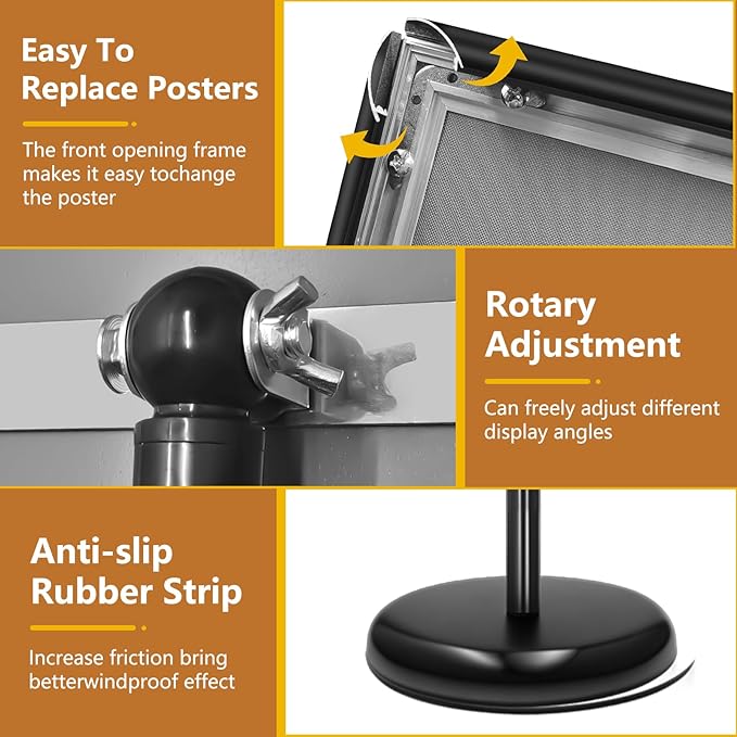 Sign Holder Stand 8.5x11 Inch, Adjustable Sign Stand with 360 Rotated Frame, Floor Standing Sign Holder, Snap-Open Frame Display, Outdoor Indoor Poster Display for advertising, Malls, Black