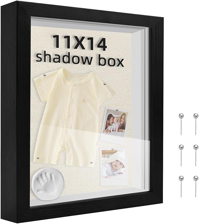 11x14 Shadow Box Frame, 1.2in Deep Keepsake Display Case, Linen Foam Back + 6 Push Pins, Thick Acrylic Front / Protective Film, Wall/Tabletop, for Flowers Tickets Medals Pet Memorial, Black