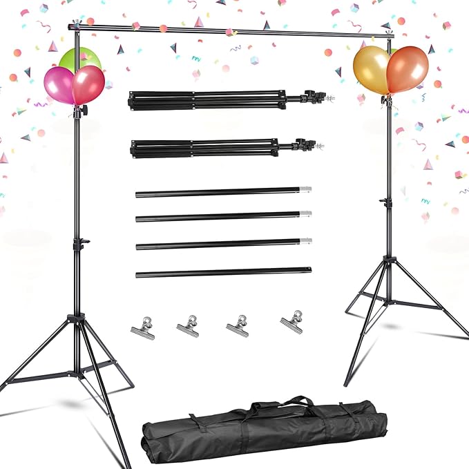 10ft Adjustable Backdrop Stand Kit, Heavy-Duty Photography Background Support System with Clamps & Carry Bag, Photo Video Studio Backdrop Stand for Parties, Weddings, Green Screen & Banner Display