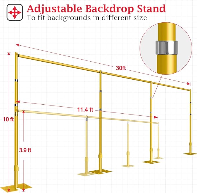 EMART Backdrop Stand Heavy Duty 10ftx30ft, Adjustable Pipe and Drape Photo Background Support Kit, Metal Frame with Flat Base for Wedding Birthday Party Banquet Decorations-Gold