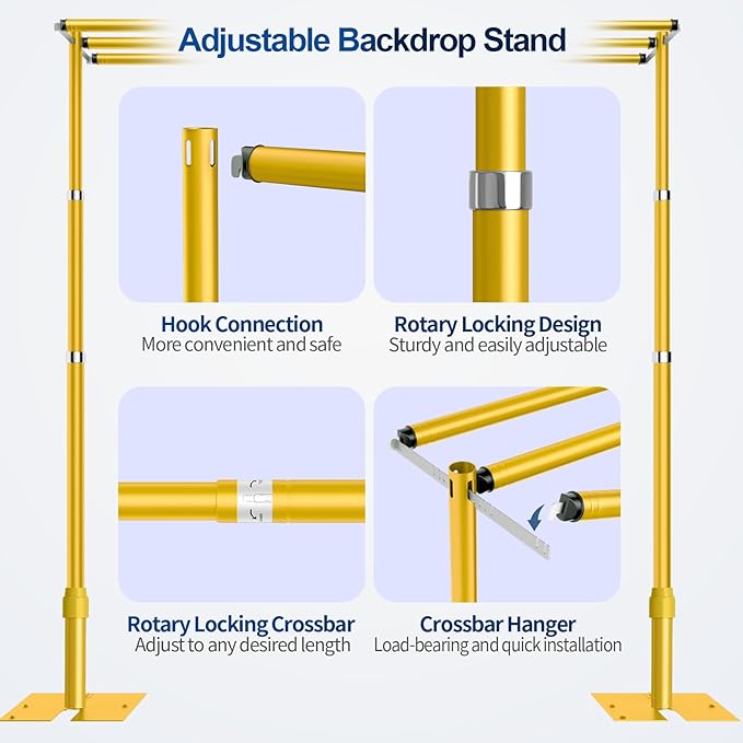 10x10ft Pipe and Drape Backdrop Stand, Three Crossbar, Heavy Duty Adjustable Background Frame with Metal Base for Parties Photography Wedding Photoshoot Decoration - Gold