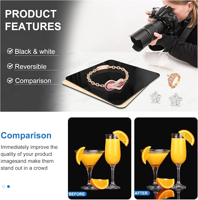 PULUZ 12 x 12 Inch Acrylic Poster Boards for Photography, Square White & Black Reflective Display Table Riser Backdrops