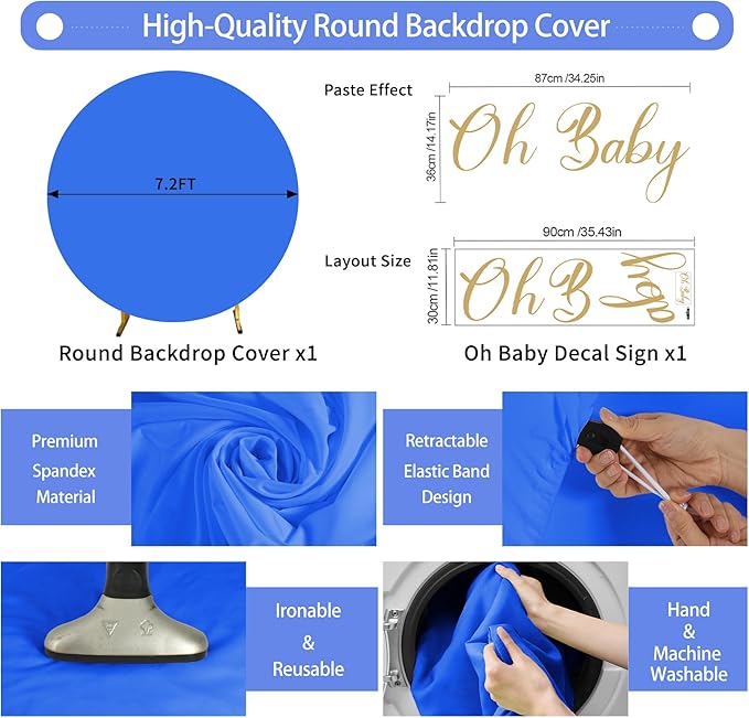 Gallety 7.2FT Royal Blue Round Backdrop Cover with Oh Baby Decal, Size Adjuster, Universal Fit for 5-7.2ft Circle Stand, Polyester Fabric Arch Cover for Wedding, Birthday Party, Photography Decor
