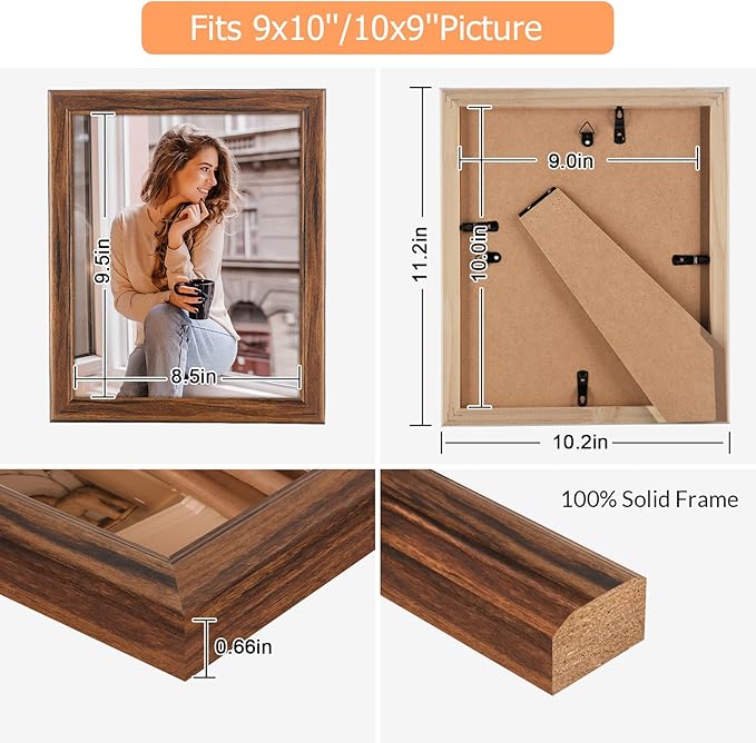 9x10 Wood Frame Brown, Natural Wooden 10x9in Picture Frames, Modern Golden 9 x 10inch Gallery Photo Pic Frame with HD Plexiglass, Horizontal Vertical Wall Mounting Tabletop Display 1Pcs