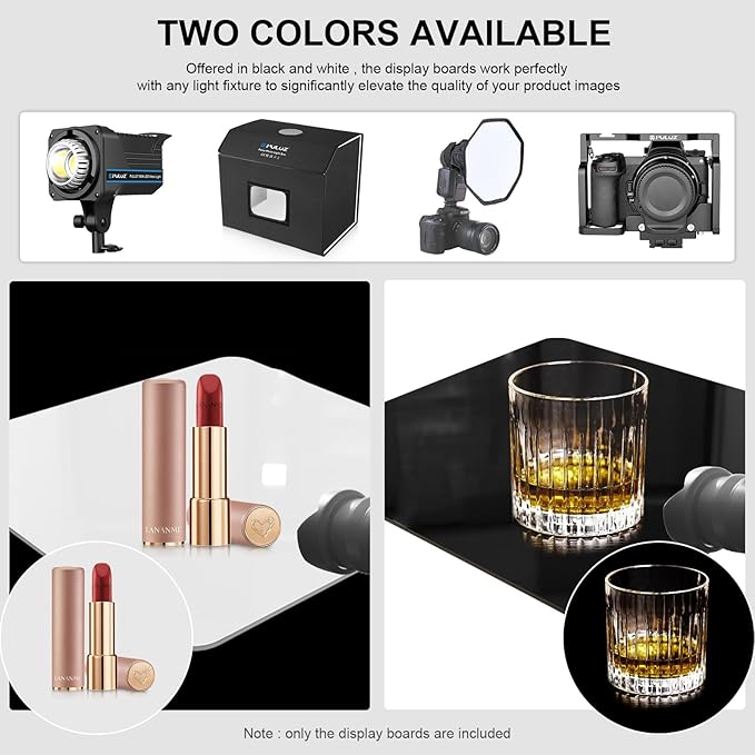 PULUZ 12 x 12 Inch Acrylic Poster Boards for Photography, Square White & Black Reflective Display Table Riser Backdrops