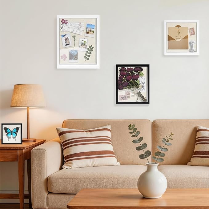 11x14 Shadow Box Frame, 1.2in Deep Keepsake Display Case, Linen Foam Back + 6 Push Pins, Thick Acrylic Front / Protective Film, Wall/Tabletop, for Flowers Tickets Medals Pet Memorial, Black