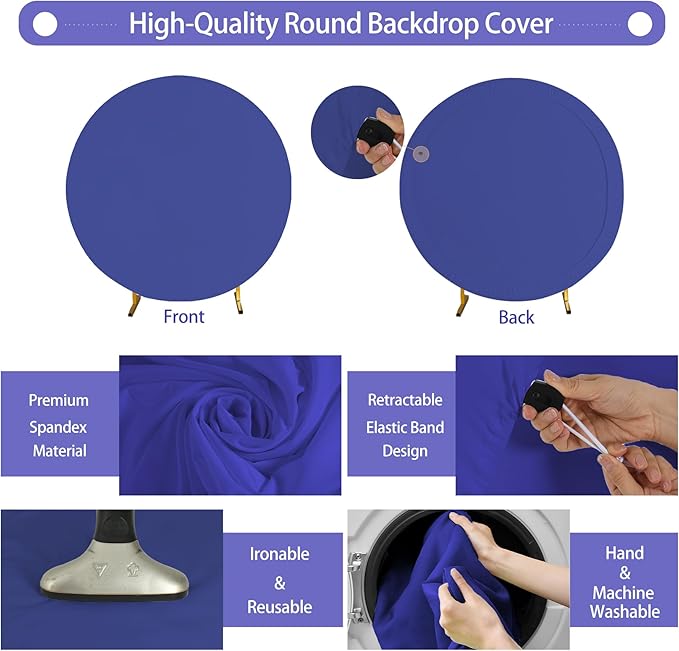 GALLETY Navy Blue 7.2FT Round Backdrop Cover for 5-7.2ft Circle Stand - Adjustable, Polyester, Wrinkle-Resistant, Ideal for Weddings, Parties, Photography, Home Decoration