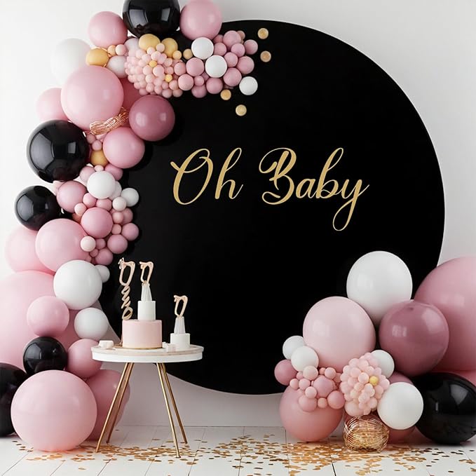 Gallety 2 Pcs 7.2 FT Black Round Backdrop Cover for 5 to 7.2ft Circle Arch Stand with Oh Baby and Happy Birthday Decal Sign - Arch Backdrop Cover for Wedding Party Photography Decoration