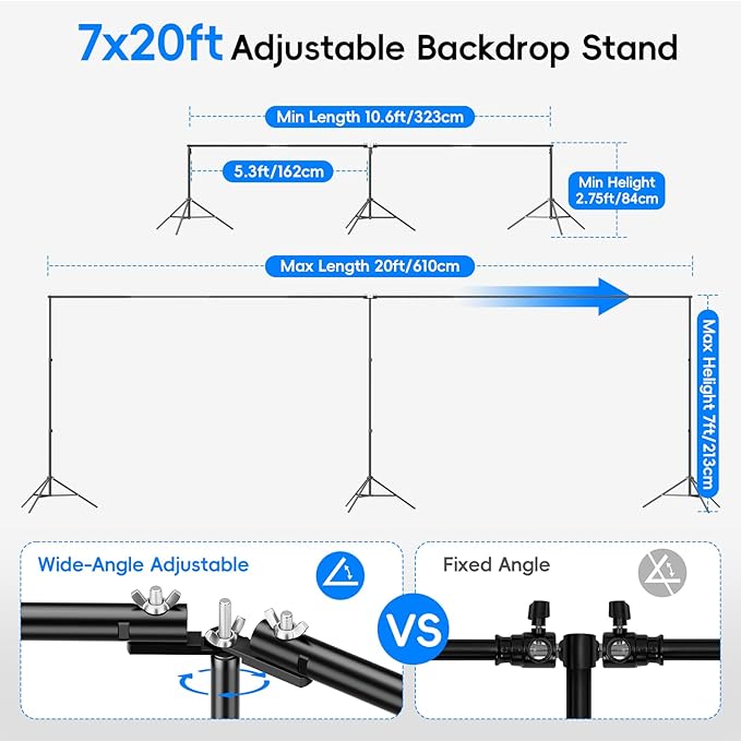 Photo Video Studio Large 20x7ft Adjustable Backdrop Stand, Photography Background Support System Kit with 310° Angle Rotatable Connector, 8 Clamps, 3 Sandbags and Carrying Bag