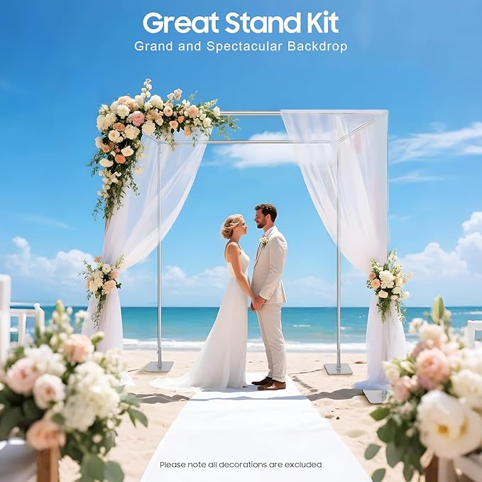 Adjustable Height 4 Post Backdrop Stand Kit, 10ft 4 Post Chuppah Canopy, Telescopic Metal Background Frame Photo Booth with Base Plates for Outdoor Indoor