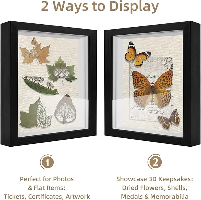 11x14 Shadow Box Frame, 1.2in Deep Keepsake Display Case, Linen Foam Back + 6 Push Pins, Thick Acrylic Front / Protective Film, Wall/Tabletop, for Flowers Tickets Medals Pet Memorial, Black