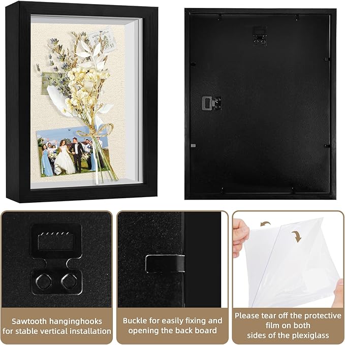 11x14 Shadow Box Frame, 1.2in Deep Keepsake Display Case, Linen Foam Back + 6 Push Pins, Thick Acrylic Front / Protective Film, Wall/Tabletop, for Flowers Tickets Medals Pet Memorial, Black