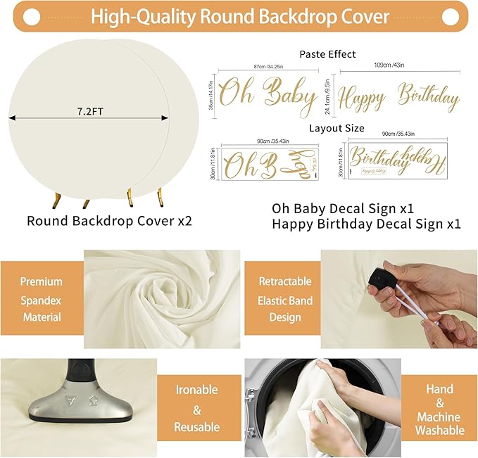 Gallety 2 Pcs 7.2 FT Ivory Round Backdrop Cover for 5 to 7.2ft Circle Arch Stand with Oh Baby and Happy Birthday Decal Sign - Arch Backdrop Cover for Wedding Party Photography Decoration
