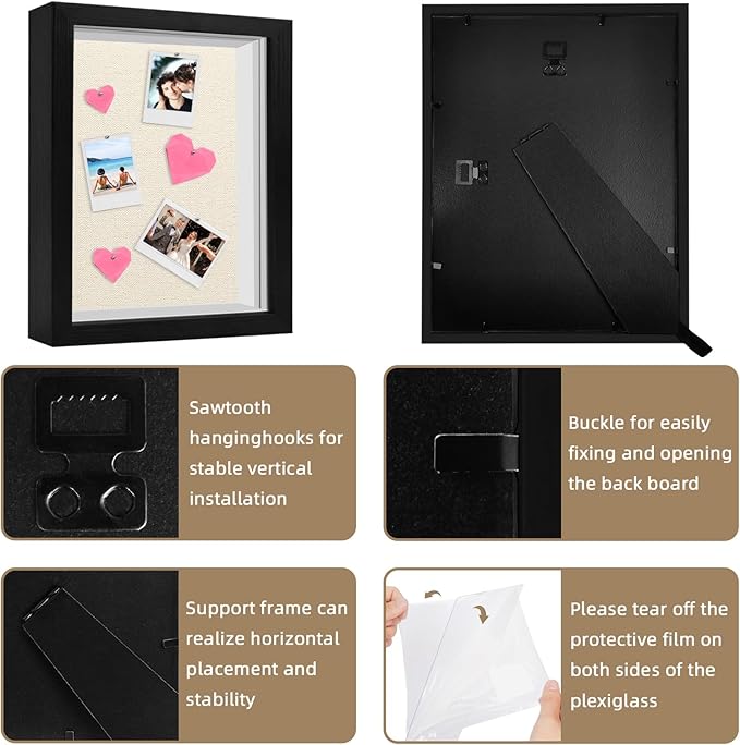 8x10 Shadow Box Frame, 1.2in Deep Keepsake Display Case, Linen Foam Back + 6 Push Pins, Thick Acrylic Front / Protective Film, Wall/Tabletop, for Flowers Tickets Medals Pet Memorial, Black