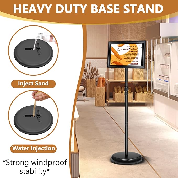 Sign Holder Stand 8.5x11 Inch, Adjustable Sign Stand with 360 Rotated Frame, Floor Standing Sign Holder, Snap-Open Frame Display, Outdoor Indoor Poster Display for advertising, Malls, Black
