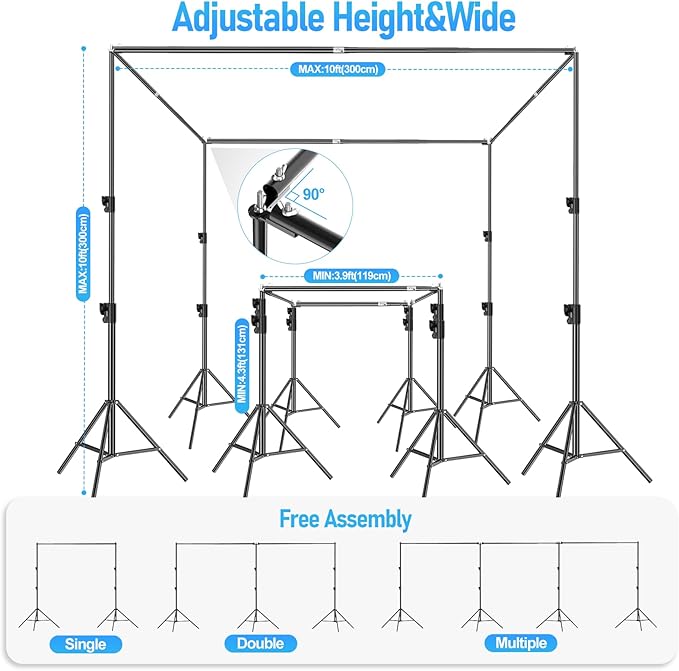 EMART Back Drop Adjustable Stand,10X10X10ft Square Backdrop Stand Heavy Duty Photography Background Support System Kit with 300° Rotatable Connector and 12 Spring Clamp for Party,Wedding,Photo Studio