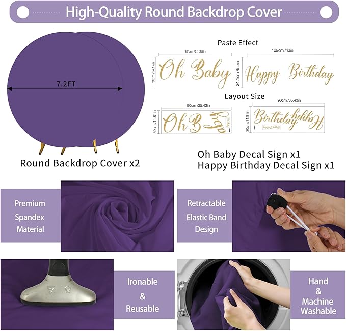 Gallety 2 Pcs 7.2 FT Purple Round Backdrop Cover for 5 to 7.2ft Circle Arch Stand with Oh Baby and Happy Birthday Decal Sign - Arch Backdrop Cover for Wedding Party Photography Decoration