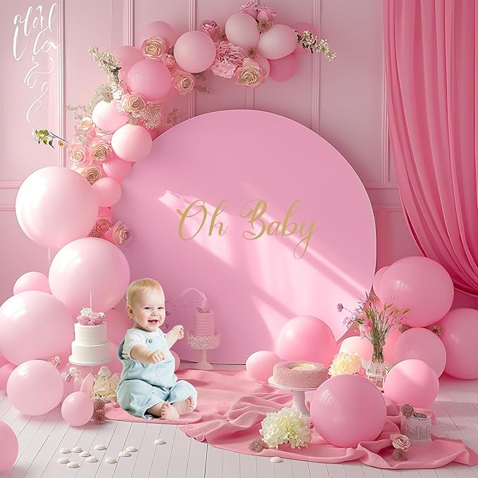Gallety 7.2FT Pink Round Backdrop Cover with Oh Baby Decal, Size Adjuster, Universal Fit for 5-7.2ft Circle Stand, Polyester Fabric Arch Cover for Wedding, Birthday Party, Videos, Photography Decor
