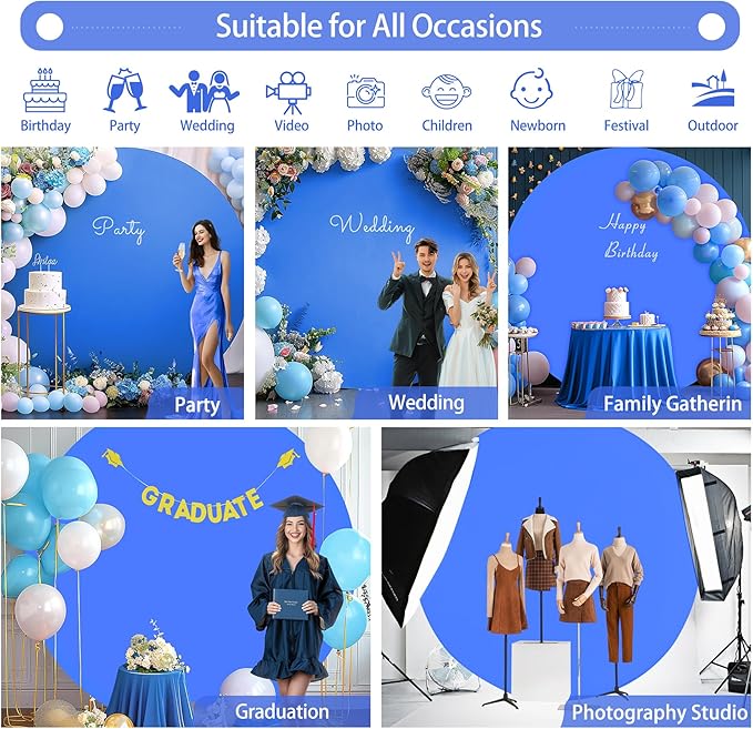 GALLETY Royal Blue 7.2FT Round Backdrop Cover for 5-7.2ft Stands - Polyester Adjustable Arch Decoration for Wedding, Party, Photography