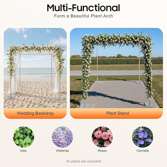 Adjustable Height 4 Post Backdrop Stand Kit, 10ft 4 Post Chuppah Canopy, Telescopic Metal Background Frame Photo Booth with Base Plates for Outdoor Indoor